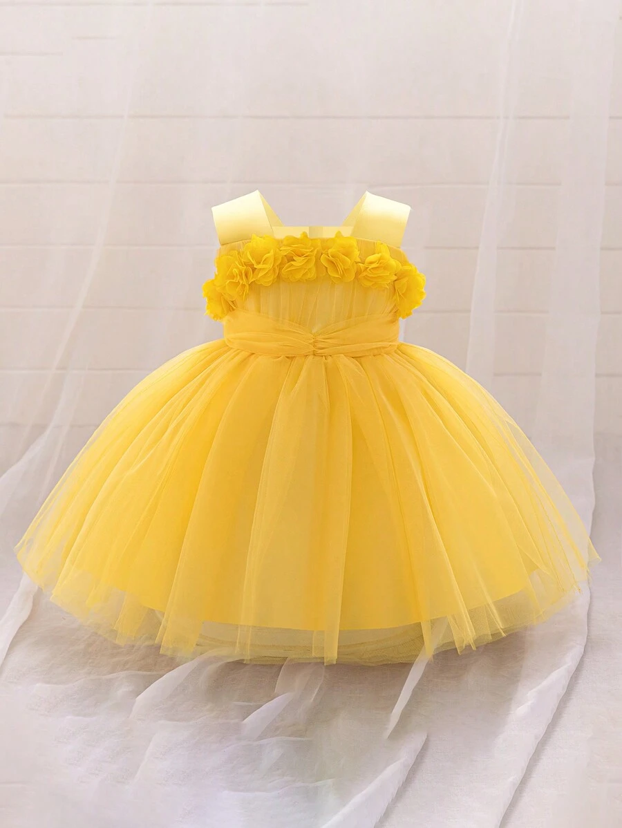 Baby Girls' Solid Color Mesh Sleeveless Wide Strap 3D Floral Elegantc Flower Girl Dress For Wedding Party, Headband Not Included - Yellow - View 1