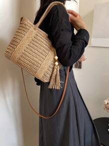 1 件新款夏季大号草编手提包，时尚女士手提包，带流苏、拉链开合和肩带，非常适合海滩和度假 - 卡其色 - 查看 4