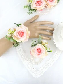 6pcs/1pc Wrist Corsage For Bride Bridesmaids Wedding, Artificial Silk Rose And Faux Pearls Romantic Wrist Corsage For Women Mother Wedding Prom Party Bridal Shower Decoration Wedding Gift Valentine's Day