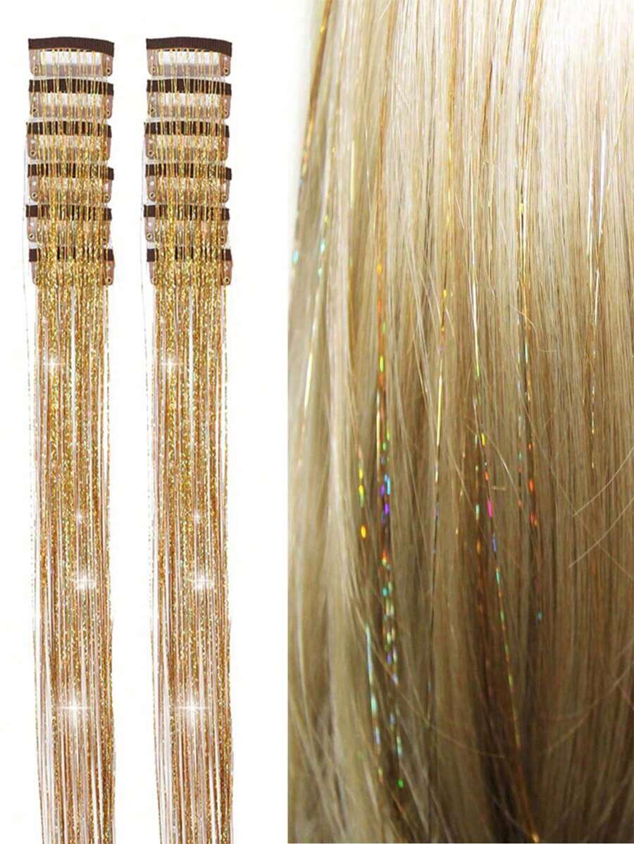 12 Pieces Clip In Synthetic Straight Hair Extensions Fashion Party Christmas Gift For Women Gold Wire Hair Extensions Colorful Shiny Hair Extensions Hair Accessories For Women