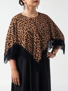 1 peça xale feminino com estampa de leopardo, flor e letra, leve, malha elástica, franjas, cachecol versátil para aquecimento, viagem, proteção solar, inverno - Multicolorido - Ver 3