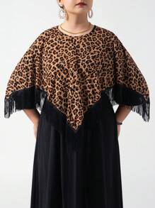 1 peça xale feminino com estampa de leopardo, flor e letra, leve, malha elástica, franjas, cachecol versátil para aquecimento, viagem, proteção solar, inverno - Multicolorido - Ver 2