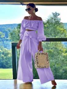 Conjunto Top De Hombro Descubierto Con Mangas Holgadas Y Pantalones Anchos De Pierna Para Mujer - Lila - Ver 4