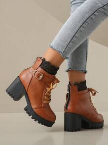 New Ankle Boots For Women With Heels, Black Leather & Lace Upper, Buckle Decor, Fashion Chunky Heel Autumn Ankle Boots - Brown - View 3