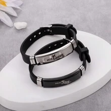 2pcs His And Hers King Queen Crown Romantic Couple Bracelets, Adjustable Size Stainless Steel Silicone Bracelets, Gift For Parties And Festivals