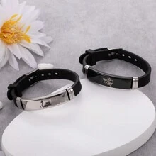 2pcs His And Hers King Queen Crown Romantic Couple Bracelets, Adjustable Size Stainless Steel Silicone Bracelets, Gift For Parties And Festivals