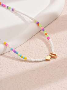 1pc Mixed-Color Rice-Shaped Beaded Heart & Letter Pendant Necklace