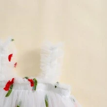 嬰兒女寶寶夏季刺繡雛菊公主裙，泡泡袖款式，新款薄肩帶花卉網紗連衣裙 - 米色 - 查看 3