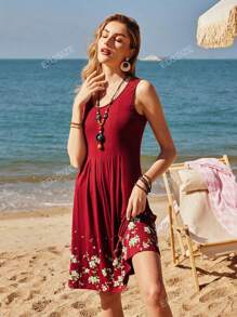 GOOTUCH Women's Summer Floral Print Pleated Casual Tank Dress