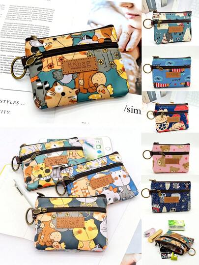 1件装新款卡通印花女士化妆包香水收纳包防污防水女生耳机纸巾拉链便携包都市简约日常搭配钥匙卡学生最爱女士小礼物钱包迷你钱包零钱包