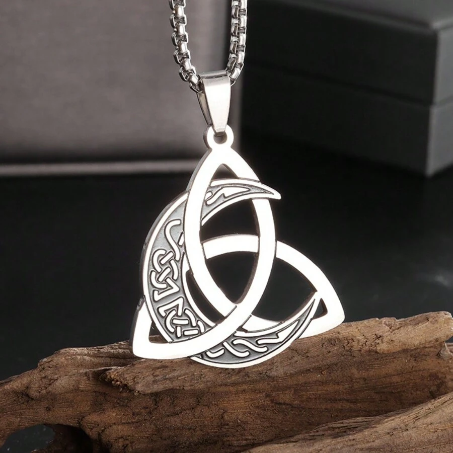 1pc Mysterious Occultism Stainless Steel Triangle Knot Moon Phase Wrapped Men's Pendant Necklace - Steel - View 1
