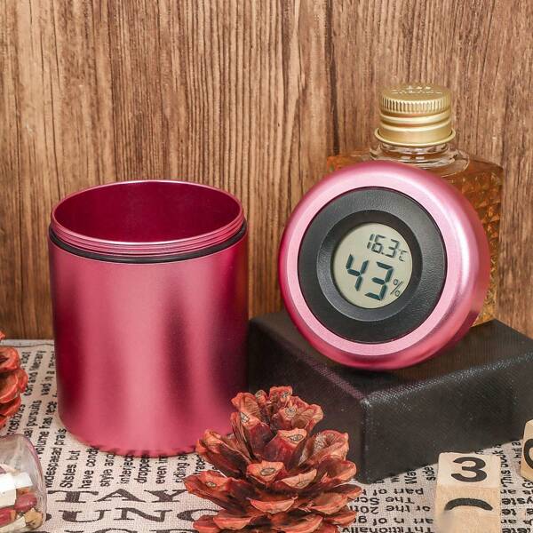 Metal Tobacco Moisturizing Jar With Digital Display, Pink Aluminum Alloy Moisturizing Container With Temperature And Humidity Digital Display, Keeping Tobacco Fresh And Moisture(1 PC, Not Included Batteries)
