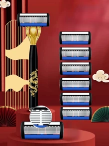 Hap Gabrie 7 层剃须刀片/男士手动剃须刀/龙纹金属手柄/手动剃须刀/剃须刀片替换装 - 彩色 - 查看 2