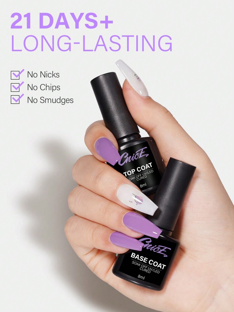 CNICE 8ML BASCOAT&TOPCOAT, obligatorisk UV/LED-lamphärdning Slitstark och långvarig gelnagellack 2-delads set, lämplig för hemmet gör-det-själv-nagelförstärkning eller presentpresentation - Essential gel-nagellack för kvinnor 2-delads set julnagellack - Genomskinlig - Visa 3