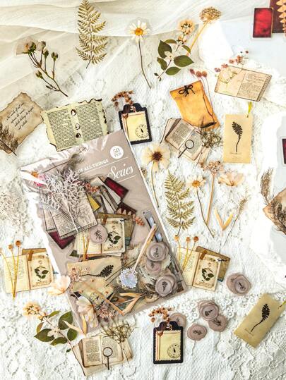 1 paquete (50 hojas) Pegatinas PET de etiquetas colgantes de hojas secas y margaritas de plantas retro para collage y DIY