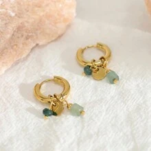 1 Pair Of Delicate Retro Women Retro Green Natural Stone Charm Fashion Waterproof Jewelry Hoop Earrings - Turquoise - View 2