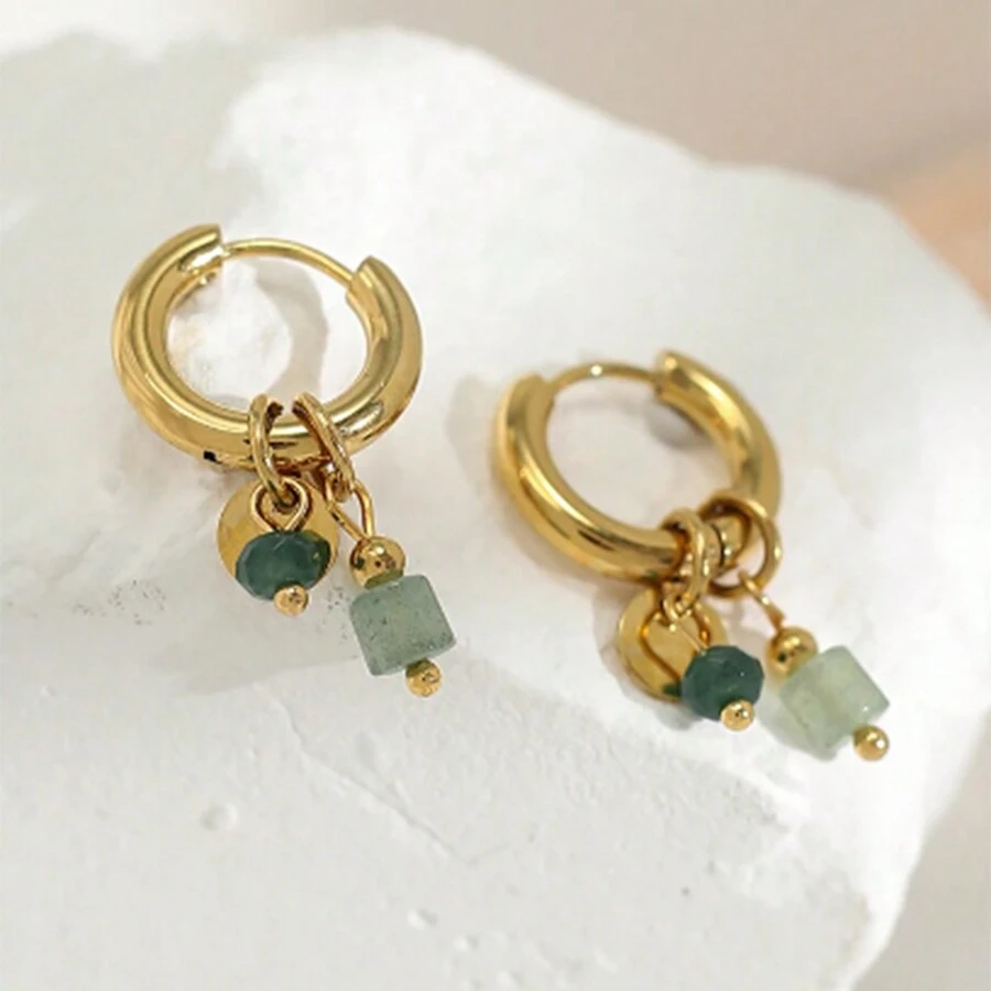 1 Pair Of Delicate Retro Women Retro Green Natural Stone Charm Fashion Waterproof Jewelry Hoop Earrings - Turquoise - View 1
