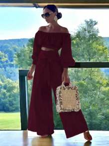 Conjunto Top De Hombro Descubierto Con Mangas Holgadas Y Pantalones Anchos De Pierna Para Mujer - Vino - Ver 4