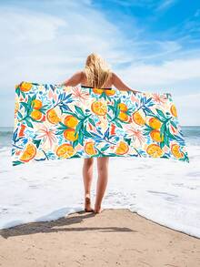 橙色熱帶水果塗鴉沙灘毛巾，高吸水性柔軟超細纖維沐浴巾男女適用，夏季必備沙灘毛巾 - 彩色 - 查看 3