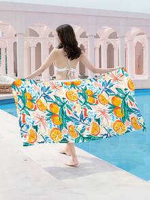 橙色熱帶水果塗鴉沙灘毛巾，高吸水性柔軟超細纖維沐浴巾男女適用，夏季必備沙灘毛巾 - 彩色 - 查看 4
