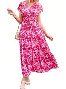 GOOTUCH V-Neck Batwing Sleeve Elastic Waist Long Dress