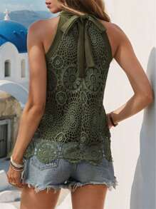 Women's Sleeveless Top With Hanging Neckline And Lace Solid Color In Summer Fashion - 軍綠色 - 查看 2