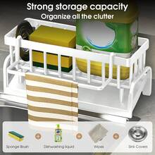 1個廚房水槽海綿架和排水架|多功能櫃臺存儲組織器，帶有碗皂泵，可放置海綿，擦洗器和排水籃 - 彩色 - 查看 6