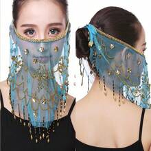 1pc Sequined Mesh Veil For Belly Dance Performance, Face Covering Scarf, Face Mask