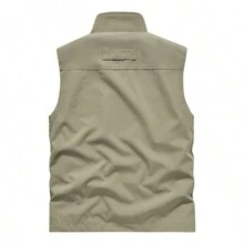 Chaleco utilitario de múltiples bolsillos para hombres de primavera/otoño, chaleco para deportes y actividades al aire libre, pesca y fotografía, chaqueta casual ligera, tops transpirables con cuello de soporte y bolsillos dobles con cremallera - Caqui - Ver 3