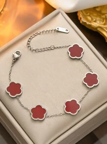 1pc Clover Flower Titanium Steel Bracelet For Women, Simple And Fashionable, With Single-Sided Abalone Shell Decor, Unique Design Valentines,Mom,Mother,Mother's Day,Gift
