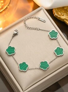 1pc Clover Flower Titanium Steel Bracelet For Women, Simple And Fashionable, With Single-Sided Abalone Shell Decor, Unique Design Valentines,Mom,Mother,Mother's Day,Gift