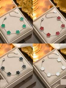 1pc Clover Flower Titanium Steel Bracelet For Women, Simple And Fashionable, With Single-Sided Abalone Shell Decor, Unique Design Valentines,Mom,Mother,Mother's Day,Gift