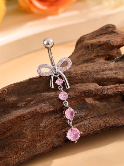 1pc Bowknot Y2K Style Belly Button Ring With 4 Zirconia Pendants For Women's Piercing Jewelry Valentines