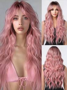 长卷发假发，带刘海，编织合成纤维，逼真头皮效果，适合日常佩戴 - 漸層粉紅色 - 查看 6
