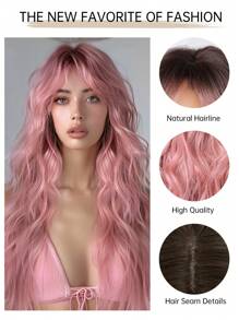 长卷发假发，带刘海，编织合成纤维，逼真头皮效果，适合日常佩戴 - 漸層粉紅色 - 查看 10