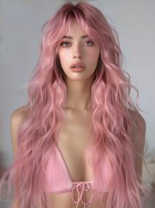 长卷发假发，带刘海，编织合成纤维，逼真头皮效果，适合日常佩戴 - 漸層粉紅色 - 查看 7