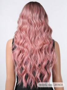 长卷发假发，带刘海，编织合成纤维，逼真头皮效果，适合日常佩戴 - 漸層粉紅色 - 查看 4