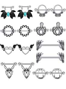 CIZME 1pair Stainless Steel Halloween Elements Nipple Ring Nipple Piercing Jewellery Skeleton Hand Spider Heart Bat Wings Tight Spell Teeth Octopus Multi-Style 14G Body Piercing Jewelry Personalized Give As A Halloween Gift - Silver - View 12