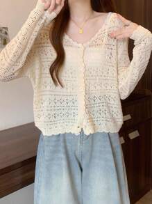 1pc Women's Shrug, Loose V-Neck Hollow Out Knitted Air-Conditioned Shirt, New Style Long Sleeve Sunscreen Cover Up Top Accessories Women