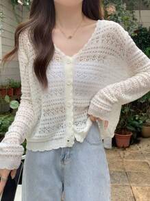 1pc Women's Shrug, Loose V-Neck Hollow Out Knitted Air-Conditioned Shirt, New Style Long Sleeve Sunscreen Cover Up Top Accessories Women