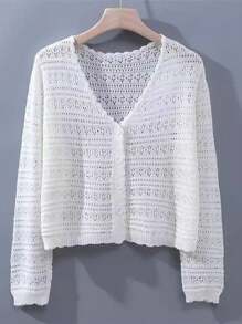 1pc Women's Shrug, Loose V-Neck Hollow Out Knitted Air-Conditioned Shirt, New Style Long Sleeve Sunscreen Cover Up Top Accessories Women
