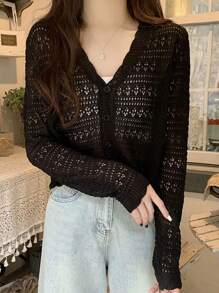 1pc Women's Shrug, Loose V-Neck Hollow Out Knitted Air-Conditioned Shirt, New Style Long Sleeve Sunscreen Cover Up Top Accessories Women