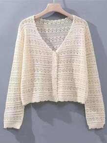 1pc Women's Shrug, Loose V-Neck Hollow Out Knitted Air-Conditioned Shirt, New Style Long Sleeve Sunscreen Cover Up Top Accessories Women