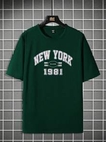 Camiseta holgada de manga corta con estampado de letras y números para hombre, imprescindible para el verano. - Verde - Ver 2