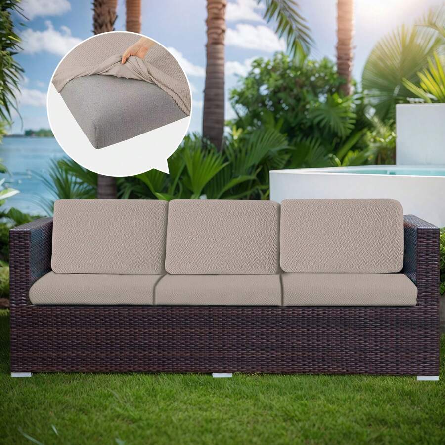 Waterproof Couch Cushion Covers 2PACK Non-Slip Outdoor Patio Seat Cushion Slipcover Stretchable Solid Sofa Seat Cushion Cover, Outdoor Waterproof And Dust-Resistant Sofa Protector, Garden Balcony Sofa Cushion Cover - 卡其色 - 查看 1