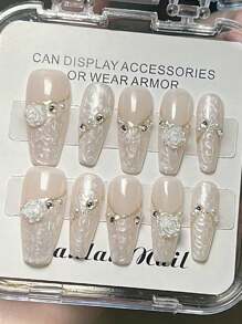 10pcs Handmade Press-On False Nails, Creative Coffin Shaped Artificial Nails, French Manicure Pull-String Nails, White Mother-Of-Pearl Textured French Simple Nails, With 3D Flower Pearl Diamond Bow Nail Decorations, Nude Nails, Coffin Nails, Fashionable Minimalist Colorful Nails, Cherry Blossom Nails, White Bow, White Nails, Pink Nails, Suitable For Spring, Summer, Autumn And Winter, European And American Style Nails, Cute Nail Decorations, Perfect For DIY Home Manicure, Office Daily Manicure, Gifts, Nail Art Supplies, Self-Learning Nail Art, Beginner Nail Art, Millennium Bug Style Nails, Fingernails, Nails, Upgraded Nails, Nail Art Set, Graduation Party Nails, Coffin Nail Tips, Almond Nail Tips, Nail Art Materials, Wedding Nails, Contrast Nails, New Style Nails, Birthday And Seasonal Gift Sets For Women And Girls! - White - View 14