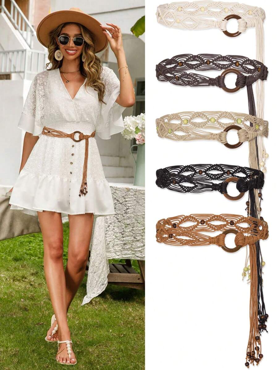 Plus Size Woven Belt, Women's Bohemian Style Woven Belt, Vintage Wax Rope Handmade Wooden Ring Hollow Woven Belt, Black, Camel, Khaki Woven Belt, Suitable For Outdoor Dresses