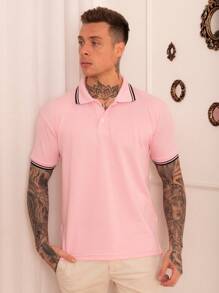 Lucky Star Modas Men's Striped Polo Shirt Piquet Knit - Pink - View 2