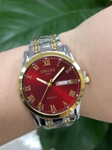 Đồng hồ nam Quartz ORUSS sang trọng của Thụy Sĩ, chuyển động hoàn toàn tự động, chống thấm nước, đồng hồ có đèn báo ngày và đêm, thép không gỉ, đồng hồ nam - Đỏ - Xem 5