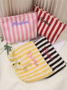 Personalized Striped Canvas Makeup Bag, Custom Name Embroidered Cosmetic Bag, Travel Toiletry Pouch, Bridesmaid Gift, Gift For Her Back To School - Multicolor - View 5
